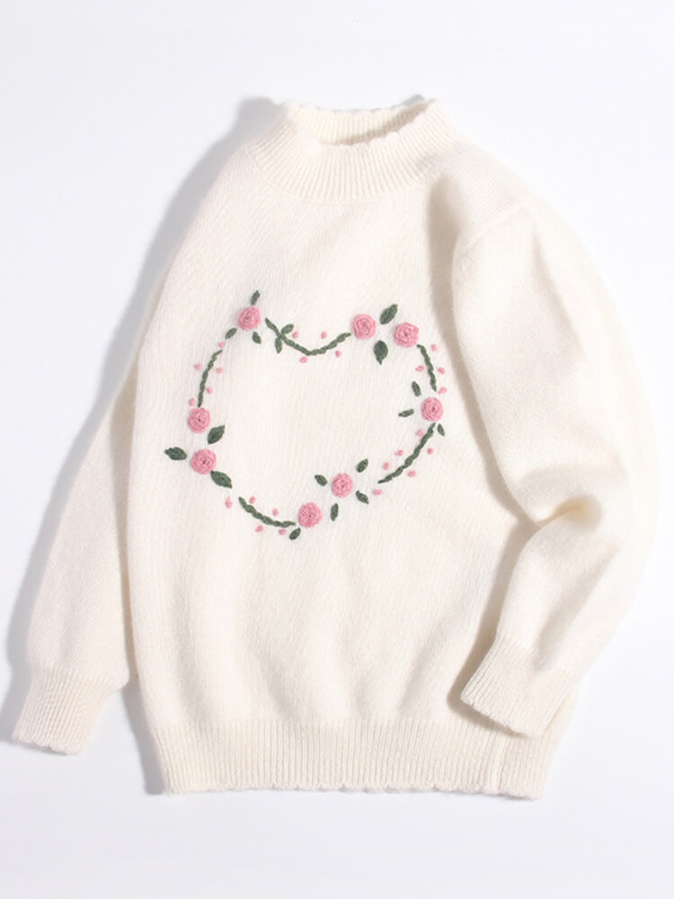 Girls Floral Heart Embroidered Ivory Cashmere Sweater